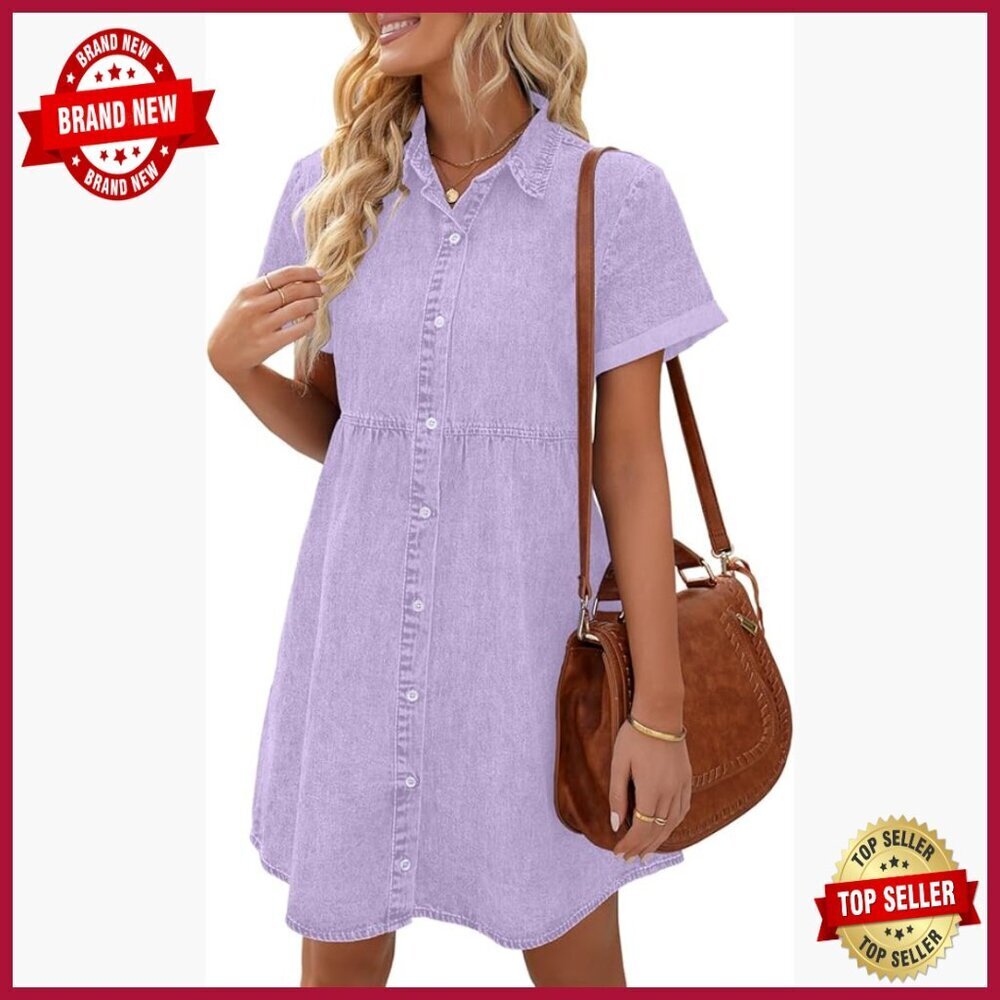 Short Sleeve Babydoll Denim Dress, Flowy Tiered Button Down
